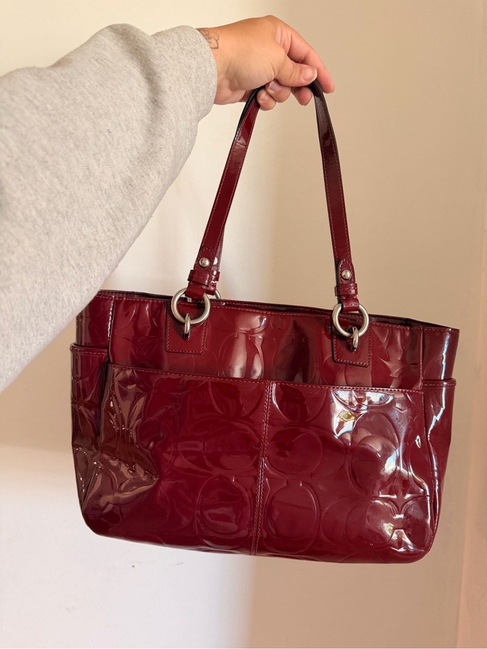 Coach Patent Leather Shoulder Tote in Burgundy